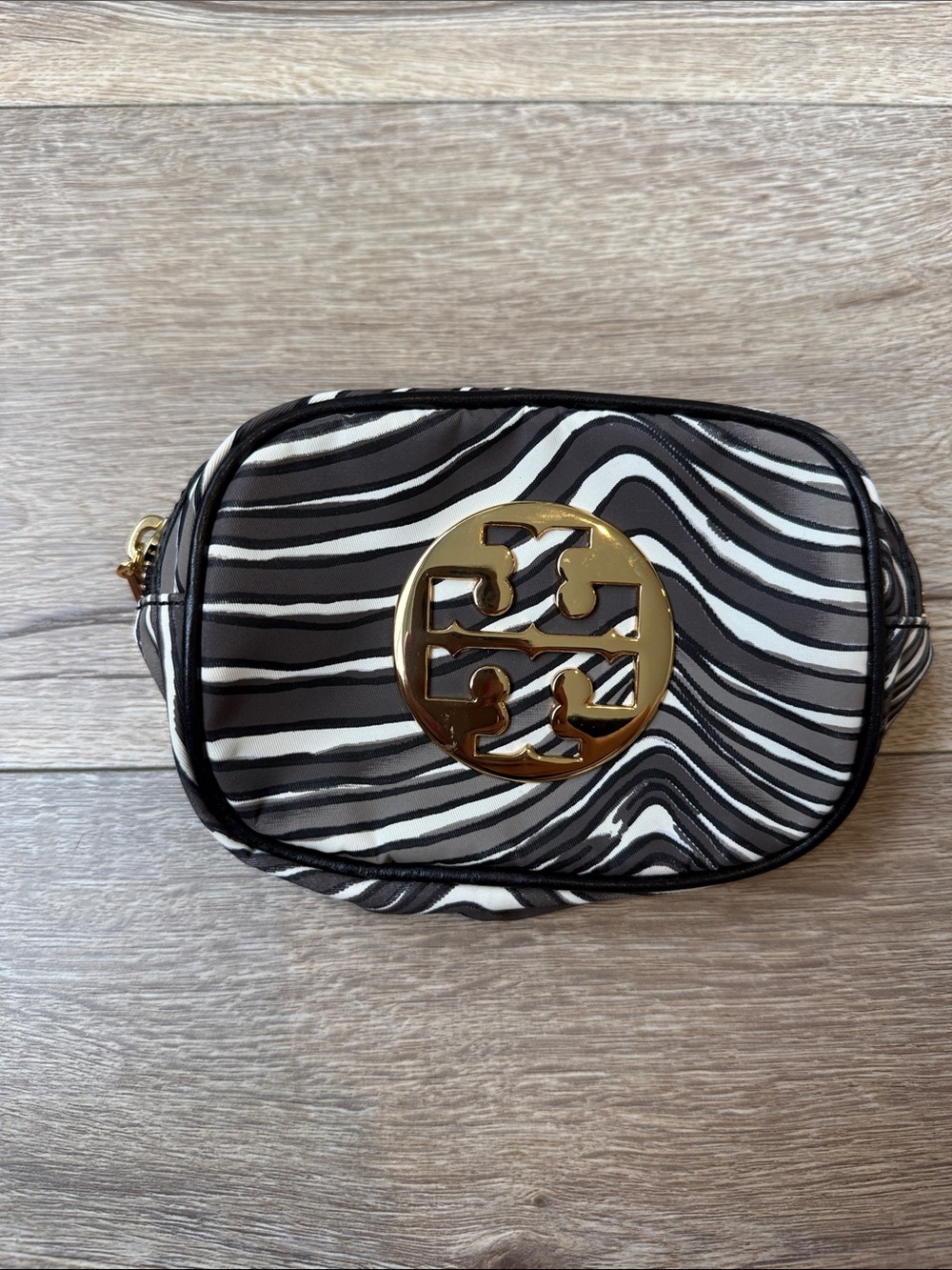 Tory Burch Black and White Zebra-Print Cosmetic Case with Gold Logo